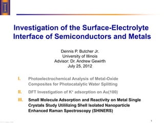 © K. S. Suslick, 2008
Investigation of the Surface-Electrolyte
Interface of Semiconductors and Metals
I. Photoelectrochemical Analysis of Metal-Oxide
Composites for Photocatalytic Water Splitting
II. DFT Investigation of K+ adsorption on Au(100)
III. Small Molecule Adsorption and Reactivity on Metal Single
Crystals Study Utililizing Shell Isolated Nanoparticle
Enhanced Raman Spectroscopy (SHINERS)
1
Dennis P. Butcher Jr.
University of Illinois
Advisor: Dr. Andrew Gewirth
July 25, 2012
 