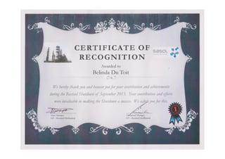 BL Du Toit Sasol Certificate of Recognition Shutdown 2013