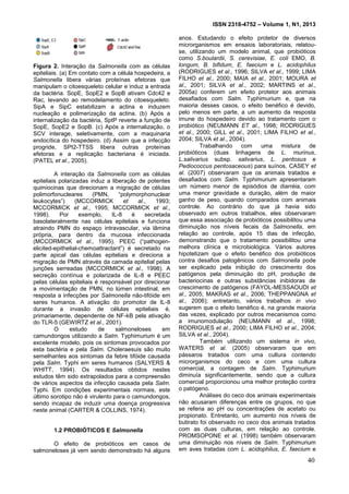 ISSN 2318-4752 – Volume 1, N1, 2013
5
Figura 2. Interação da Salmonella com as células
epiteliais. (a) Em contato com a célula hospedeira, a
Salmonella libera várias proteínas efetoras que
manipulam o citoesqueleto celular e induz a entrada
da bactéria. SopE, SopE2 e SopB ativam Cdc42 e
Rac, levando ao remodelamento do citoesqueleto.
SipA e SipC estabilizam a actina e induzem
nucleação e polimerização da actina. (b) Após a
internalização da bactéria, SptP reverte a função de
SopE, SopE2 e SopB. (c) Após a internalização, o
SCV interage, seletivamente, com a maquinaria
endocítica do hospedeiro. (d) Assim que a infecção
progride, SPI2-TTSS libera outras proteínas
efetoras e a replicação bacteriana é iniciada.
(PATEL et al., 2005).
A interação da Salmonella com as células
epiteliais polarizadas induz a liberação de potentes
quimiocinas que direcionam a migração de células
polimorfonucleares (PMN, “polymorphonuclear
leukocytes”) (MCCORMICK et al., 1993;
MCCORMICK et al., 1995; MCCORMICK et al.,
1998). Por exemplo, IL-8 é secretada
basolateralmente nas células epiteliais e funciona
atraindo PMN do espaço intravascular, via lâmina
própria, para dentro da mucosa infeccionada
(MCCORMICK et al., 1995). PEEC (“pathogen-
elicited-epithelial-chemoattractant”) é secretado na
parte apical das células epiteliais e direciona a
migração de PMN através da camada epitelial pelas
junções serreadas (MCCORMICK et al., 1998). A
secreção contínua e polarizada de IL-8 e PEEC
pelas células epiteliais é responsável por direcionar
a movimentação de PMN, no lúmen intestinal, em
resposta a infecções por Salmonella não-tifóide em
seres humanos. A ativação do promotor de IL-8
durante a invasão de células epiteliais é,
primariamente, dependente de NF-kB pela ativação
do TLR-5 (GEWIRTZ et al., 2001).
O estudo de salmoneloses em
camundongos utilizando a Salm. Typhimurium é um
excelente modelo, pois os sintomas provocados por
esta bactéria e pela Salm. Choleraesuis são muito
semelhantes aos sintomas da febre tifóide causada
pela Salm. Typhi em seres humanos (SALYERS &
WHITT, 1994). Os resultados obtidos nestes
estudos têm sido extrapolados para a compreensão
de vários aspectos da infecção causada pela Salm.
Typhi. Em condições experimentais normais, este
último sorotipo não é virulento para o camundongos,
sendo incapaz de induzir uma doença progressiva
neste animal (CARTER & COLLINS, 1974).
1.2 PROBIÓTICOS E Salmonella
O efeito de probióticos em casos de
salmoneloses já vem sendo demonstrado há alguns
anos. Estudando o efeito protetor de diversos
microrganismos em ensaios laboratoriais, relatou-
se, utilizando um modelo animal, que probióticos
como S.boulardii, S. cerevisiae, E. coli EMO, B.
longum, B. bifidum, E. faecium e L. acidophilus
(RODRIGUES et al., 1996; SILVA et al., 1999; LIMA
FILHO et al., 2000; MAIA et al., 2001; MOURA et
al., 2001; SILVA et al., 2002; MARTINS et al.,
2005a) conferem um efeito protetor aos animais
desafiados com Salm. Typhimurium e, que na
maioria desses casos, o efeito benéfico é devido,
pelo menos em parte, a um aumento da resposta
imune do hospedeiro devido ao tratamento com o
probiótico (NEUMANN ET al., 1998; RODRIGUES
et al., 2000; GILL et al., 2001; LIMA FILHO et al.,
2004; SILVA et al., 2004).
Trabalhando com uma mistura de
probióticos (duas linhagens de L. murinus,
L.salivarius subsp. salivarius, L. pentosus e
Pediococcus pentosaceous) para suínos, CASEY et
al. (2007) observaram que os animais tratados e
desafiados com Salm. Typhimurium apresentaram
um número menor de episódios de diarréia, com
uma menor gravidade e duração, além de maior
ganho de peso, quando comparados com animais
controle. Ao contrário do que já havia sido
observado em outros trabalhos, eles observaram
que essa associação de probióticos possibilitou uma
diminuição nos níveis fecais da Salmonella, em
relação ao controle, após 15 dias de infecção,
demonstrando que o tratamento possibilitou uma
melhora clínica e microbiológica. Vários autores
hipotetizam que o efeito benéfico dos probióticos
contra desafios patogênicos com Salmonella pode
ser explicado pela inibição do crescimento dos
patógenos pela diminuição do pH, produção de
bacteriocinas e outras substâncias inibidoras de
crescimento de patógenos (FAYOL-MESSAOUDI et
al., 2005; MAKRAS et al., 2006; THEPPANGNA et
al., 2006); entretanto, vários trabalhos in vivo
sugerem que o efeito benéfico é, na grande maioria
das vezes, explicado por outros mecanismos como
a imunomodulação (NEUMANN et al., 1998;
RODRIGUES et al., 2000; LIMA FILHO et al., 2004;
SILVA et al., 2004).
Também utilizando um sistema in vivo,
WATERS et al. (2005) observaram que em
pássaros tratados com uma cultura contendo
microrganismos do ceco e com uma cultura
comercial, a contagem de Salm. Typhimurium
diminuía significantemente, sendo que a cultura
comercial proporcionou uma melhor proteção contra
o patógeno.
Análises do ceco dos animais experimentais
não acusaram diferenças entre os grupos, no que
se referia ao pH ou concentrações de acetato ou
propionato. Entretanto, um aumento nos níveis de
butirato foi observado no ceco dos animais tratados
com as duas culturas, em relação ao controle.
PROMSOPONE et al. (1998) também observaram
uma diminuição nos níveis de Salm. Typhimurium
em aves tratadas com L. acidophilus, E. faecium e
40
 
