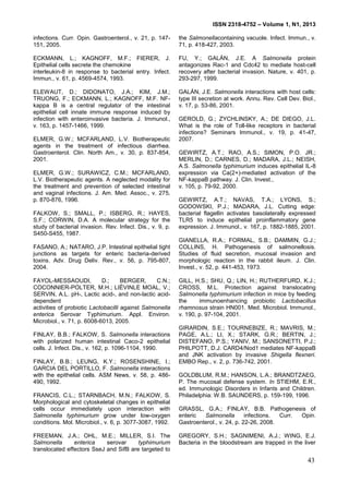 ISSN 2318-4752 – Volume 1, N1, 2013
8
infections. Curr. Opin. Gastroenterol., v. 21, p. 147-
151, 2005.
ECKMANN, L.; KAGNOFF, M.F.; FIERER, J.
Epithelial cells secrete the chemokine
interleukin-8 in response to bacterial entry. Infect.
Immun., v. 61, p. 4569-4574, 1993.
ELEWAUT, D.; DIDONATO, J.A.; KIM, J.M.;
TRUONG, F.; ECKMANN, L.; KAGNOFF, M.F. NF-
kappa B is a central regulator of the intestinal
epithelial cell innate immune response induced by
infection with enteroinvasive bacteria. J. Immunol.,
v. 163, p. 1457-1466, 1999.
ELMER, G.W.; MCFARLAND, L.V. Biotherapeutic
agents in the treatment of infectious diarrhea.
Gastroenterol. Clin. North Am., v. 30, p. 837-854,
2001.
ELMER, G.W.; SURAWICZ, C.M.; MCFARLAND,
L.V. Biotherapeutic agents. A neglected modality for
the treatment and prevention of selected intestinal
and vaginal infections. J. Am. Med. Assoc., v. 275,
p. 870-876, 1996.
FALKOW, S.; SMALL, P.; ISBERG, R.; HAYES,
S.F.; CORWIN, D.A. A molecular strategy for the
study of bacterial invasion. Rev. Infect. Dis., v. 9, p.
S450-S455, 1987.
FASANO, A.; NATARO, J.P. Intestinal epithelial tight
junctions as targets for enteric bacteria-derived
toxins. Adv. Drug Deliv. Rev., v. 56, p. 795-807,
2004.
FAYOL-MESSAOUDI, D.; BERGER, C.N.;
COCONNIER-POLTER, M.H.; LIÉVINLE MOAL, V.;
SERVIN, A.L. pH-, Lactic acid-, and non-lactic acid-
dependent
activities of probiotic Lactobacilli against Salmonella
enterica Serovar Typhimurium. Appl. Environ.
Microbiol., v. 71, p. 6008-6013, 2005.
FINLAY, B.B.; FALKOW, S. Salmonella interactions
with polarized human intestinal Caco-2 epithelial
cells. J. Infect. Dis., v. 162, p. 1096-1104, 1990.
FINLAY, B.B.; LEUNG, K.Y.; ROSENSHINE, I.;
GARCIA DEL PORTILLO, F. Salmonella interactions
with the epithelial cells. ASM News, v. 58, p. 486-
490, 1992.
FRANCIS, C.L.; STARNBACH, M.N.; FALKOW, S.
Morphological and cytoskeletal changes in epithelial
cells occur immediately upon interaction with
Salmonella typhimurium grow under low-oxygen
conditions. Mol. Microbiol., v. 6, p. 3077-3087, 1992.
FREEMAN, J.A.; OHL, M.E.; MILLER, S.I. The
Salmonella enterica serovar typhimurium
translocated effectors SseJ and SifB are targeted to
the Salmonellacontaining vacuole. Infect. Immun., v.
71, p. 418-427, 2003.
FU, Y.; GALÁN, J.E. A Salmonella protein
antagonizes Rac-1 and Cdc42 to mediate host-cell
recovery after bacterial invasion. Nature, v. 401, p.
293-297, 1999.
GALÁN, J.E. Salmonella interactions with host cells:
type III secretion at work. Annu. Rev. Cell Dev. Biol.,
v. 17, p. 53-86, 2001.
GEROLD, G.; ZYCHLINSKY, A.; DE DIEGO, J.L.
What is the role of Toll-like receptors in bacterial
infections? Seminars Immunol., v. 19, p. 41-47,
2007.
GEWIRTZ, A.T.; RAO, A.S.; SIMON, P.O. JR.;
MERLIN, D.; CARNES, D.; MADARA, J.L.; NEISH,
A.S. Salmonella typhimurium induces epithelial IL-8
expression via Ca(2+)-mediated activation of the
NF-kappaB pathway. J. Clin. Invest.,
v. 105, p. 79-92, 2000.
GEWIRTZ, A.T.; NAVAS, T.A.; LYONS, S.;
GODOWSKI, P.J.; MADARA, J.L. Cutting edge:
bacterial flagellin activates basolaterally expressed
TLR5 to induce epithelial proinflammatory gene
expression. J. Immunol., v. 167, p. 1882-1885, 2001.
GIANELLA, R.A.; FORMAL, S.B.; DAMMIN, G.J.;
COLLINS, H. Pathogenesis of salmonellosis.
Studies of fluid secretion, mucosal invasion and
morphologic reaction in the rabbit ileum. J. Clin.
Invest., v. 52, p. 441-453, 1973.
GILL, H.S.; SHU, Q.; LIN, H.; RUTHERFURD, K.J.;
CROSS, M.L. Protection against translocating
Salmonella typhimurium infection in mice by feeding
the immunoenhancing probiotic Lactobacillus
rhamnosus strain HN001. Med. Microbiol. Immunol.,
v. 190, p. 97-104, 2001.
GIRARDIN, S.E.; TOURNEBIZE, R.; MAVRIS, M.;
PAGE, A.L.; LI, X.; STARK, G.R.; BERTIN, J.;
DISTEFANO, P.S.; YANIV, M.; SANSONETTI, P.J.;
PHILPOTT, D.J. CARD4/Nod1 mediates NF-kappaB
and JNK activation by invasive Shigella flexneri.
EMBO Rep., v. 2, p. 736-742, 2001.
GOLDBLUM, R.M.; HANSON, L.A.; BRANDTZAEG,
P. The mucosal defense system. In STIEHM, E.R.,
ed. Immunologic Disorders in Infants and Children.
Philadelphia: W.B. SAUNDERS, p. 159-199, 1996.
GRASSL, G.A.; FINLAY, B.B. Pathogenesis of
enteric Salmonella infections. Curr. Opin.
Gastroenterol., v. 24, p. 22-26, 2008.
GREGORY, S.H.; SAGNIMENI, A.J.; WING, E.J.
Bacteria in the bloodstream are trapped in the liver
43
 