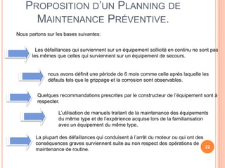 PROPOSITION D’UN PLANNING DE
MAINTENANCE PRÉVENTIVE.
22
Nous partons sur les bases suivantes:
Les défaillances qui surviennent sur un équipement sollicité en continu ne sont pas
les mêmes que celles qui surviennent sur un équipement de secours.
nous avons définit une période de 6 mois comme celle après laquelle les
défauts tels que le grippage et la corrosion sont observables.
Quelques recommandations prescrites par le constructeur de l’équipement sont à
respecter.
L’utilisation de manuels traitant de la maintenance des équipements
du même type et de l’expérience acquise lors de la familiarisation
avec un équipement du même type.
La plupart des défaillances qui conduisent à l’arrêt du moteur ou qui ont des
conséquences graves surviennent suite au non respect des opérations de
maintenance de routine.
 