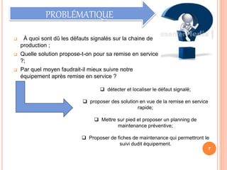  À quoi sont dû les défauts signalés sur la chaine de
production ;
 Quelle solution propose-t-on pour sa remise en service
?;
 Par quel moyen faudrait-il mieux suivre notre
équipement après remise en service ?
7
PROBLÉMATIQUE
 détecter et localiser le défaut signalé;
 proposer des solution en vue de la remise en service
rapide;
 Mettre sur pied et proposer un planning de
maintenance préventive;
 Proposer de fiches de maintenance qui permettront le
suivi dudit équipement.
 