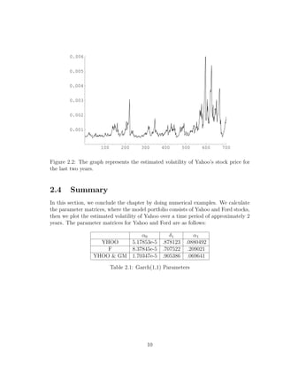 100 200 300 400 500 600 700
0.001
0.002
0.003
0.004
0.005
0.006
Figure 2.2: The graph represents the estimated volatility of Yahoo’s stock price for
the last two years.
2.4 Summary
In this section, we conclude the chapter by doing numerical examples. We calculate
the parameter matrices, where the model portfolio consists of Yahoo and Ford stocks,
then we plot the estimated volatility of Yahoo over a time period of approximately 2
years. The parameter matrices for Yahoo and Ford are as follows:
α0 δ1 α1
YHOO 5.17853e-5 .878123 .0880492
F 8.37845e-5 .707522 .209021
YHOO & GM 1.70347e-5 .905386 .069641
Table 2.1: Garch(1,1) Parameters
10
 