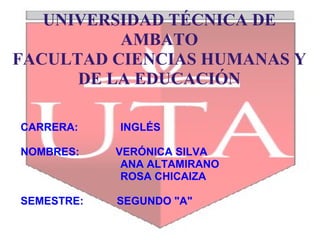 UNIVERSIDAD TÉCNICA DE AMBATO FACULTAD CIENCIAS HUMANAS Y DE LA EDUCACIÓN ,[object Object],[object Object],[object Object],[object Object],[object Object]