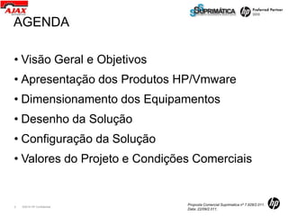 AGENDA

• Visão Geral e Objetivos
• Apresentação dos Produtos HP/Vmware
• Dimensionamento dos Equipamentos
• Desenho da Solução
• Configuração da Solução
• Valores do Projeto e Condições Comerciais


                               Proposta Comercial Suprimatica nº 7.928/2.011.
2   ©2010 HP Confidential
                               Data: 22/09/2.011.
 
