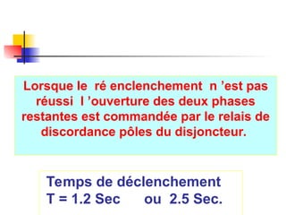 Lorsque le ré enclenchement n ’est pas
réussi l ’ouverture des deux phases
restantes est commandée par le relais de
discordance pôles du disjoncteur.
Temps de déclenchement
T = 1.2 Sec ou 2.5 Sec.
 