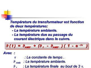 Température du transformateur est fonction
Température du transformateur est fonction
de deux températures:
de deux températures:
- La température ambiante.
- La température ambiante.
- La température due au passage du
- La température due au passage du
courant électrique dans le cuivre.
courant électrique dans le cuivre.

 ( t ) =
( t ) = 
AMB
AMB. + (
. + (
 f
f -
- 
AMB
AMB. ) ( 1 - e
. ) ( 1 - e - t/
- t/

)
)
Avec :
Avec :

 : La constante de temps .
: La constante de temps .

 AMB
AMB : La température ambiante.
: La température ambiante.

 : La température finale au bout de 3
: La température finale au bout de 3 
.
.
 
