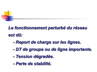 Le fonctionnement perturbé du réseau
Le fonctionnement perturbé du réseau
est dû:
est dû:
- Report de charge sur les lignes.
- Report de charge sur les lignes.
- DT de groupe ou de ligne importante.
- DT de groupe ou de ligne importante.
- Tension dégradée.
- Tension dégradée.
- Perte de stabilité.
- Perte de stabilité.
 