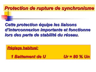 Protection de rupture de synchronisme
Protection de rupture de synchronisme
Cette protection équipe les liaisons
Cette protection équipe les liaisons
d’interconnexion importante et fonctionne
d’interconnexion importante et fonctionne
lors des perte de stabilité du réseau.
lors des perte de stabilité du réseau.
Réglage habituel:
Réglage habituel:
1 Battement de U Ur = 80 % Un
1 Battement de U Ur = 80 % Un
 