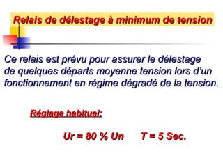 Relais de délestage à minimum de tension
Relais de délestage à minimum de tension
Ce relais est prévu pour assurer le délestage
Ce relais est prévu pour assurer le délestage
de quelques départs moyenne tension lors d’un
de quelques départs moyenne tension lors d’un
fonctionnement en régime dégradé de la tension.
fonctionnement en régime dégradé de la tension.
Réglage habituel:
Réglage habituel:
Ur = 80 % Un T = 5 Sec.
Ur = 80 % Un T = 5 Sec.
 