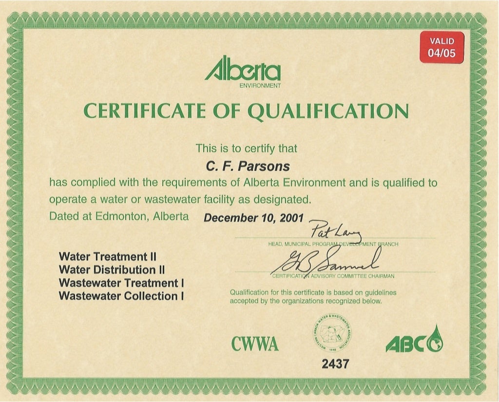 Water Treatment Certificate