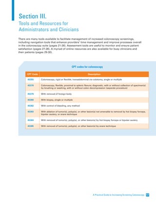 A Practical Guide to Increasing Screening Colonoscopy 17
Section III.
Tools and Resources for
Administrators and Clinicians
CPT codes for colonoscopy
Colonoscopy, rigid or flexible, transabdominal via colotomy, single or multiple
Colonoscopy, flexible, proximal to splenic flexure; diagnostic, with or without collection of specimen(s)
by brushing or washing, with or without colon decompression (separate procedure)
With removal of foreign body
With biopsy, single or multiple
With control of bleeding, any method
With ablation of tumor(s), polyp(s), or other lesion(s) not amenable to removal by hot biopsy forceps,
bipolar cautery, or snare technique
With removal of tumor(s), polyp(s), or other lesion(s) by hot biopsy forceps or bipolar cautery
With removal of tumor(s), polyp(s), or other lesion(s) by snare technique
45355
45378
45379
45380
45382
45383
45384
45385
CPT Code Description
There are many tools available to facilitate management of increased colonoscopy screenings,
including navigation tools that enhance providers’ time management and improve processes overall
in the colonoscopy suite (pages 21-26). Assessment tools are useful to monitor and ensure patient
satisfaction (pages 27-28). A myriad of online resources are also available for busy clinicians and
their patients (pages 29-30).
 