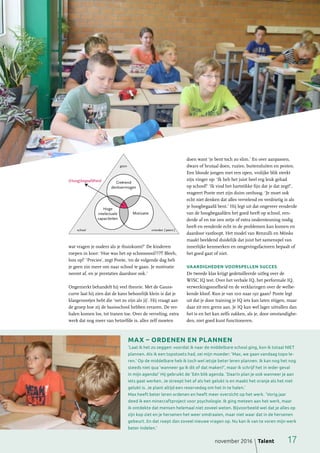 november 2016  Talent	 17
wat vragen je ouders als je thuiskomt?’ De kinderen
roepen in koor: ‘Hoe was het op schooooool???!! Bleeh,
hou op!’ ‘Precies’, zegt Ponte, ‘en de volgende dag heb
je geen zin meer om naar school te gaan. Je motivatie
neemt af, en je prestaties daardoor ook.’
Ongemerkt behandelt hij veel theorie. Met de Gauss-
curve laat hij zien dat de kans behoorlijk klein is dat je
klasgenootjes hebt die ‘net zo zijn als jij’. Hij vraagt aan
de groep hoe zij de basisschool hebben ervaren. De ver-
halen komen los, tot tranen toe. Over de verveling, extra
werk dat nog meer van hetzelfde is, alles zelf moeten
doen want ‘je bent toch zo slim.’ En over aanpassen,
dwars of brutaal doen, ruzies, buitensluiten en pesten.
Een blonde jongen met een open, vrolijke blik steekt
zijn vinger op: ‘Ik heb het juist heel erg leuk gehad
op school!’ ‘Ik vind het hartstikke fijn dat je dat zegt!’,
reageert Ponte met zijn duim omhoog. ‘Je moet ook
echt niet denken dat alles vervelend en verdrietig is als
je hoogbegaafd bent.’ Hij legt uit dat ongeveer eenderde
van de hoogbegaafden het goed heeft op school, een-
derde af en toe een zetje of extra ondersteuning nodig
heeft en eenderde echt in de problemen kan komen en
daardoor vastloopt. Het model van Renzulli en Mönks
maakt beeldend duidelijk dat juist het samenspel van
innerlijke kenmerken en omgevingsfactoren bepaalt of
het goed gaat of niet.
VAARDIGHEDEN VOORSPELLEN SUCCES
De tweede klas krijgt gedetailleerde uitleg over de
WISC IQ test. Over het verbale IQ, het performale IQ,
verwerkingssnelheid en de verklaringen over de welbe-
kende kloof. Kun je van 100 naar 130 gaan? Ponte legt
uit dat je door training je IQ iets kan laten stijgen, maar
daar zit een grens aan. Je IQ kan wel lager uitvallen dan
het is en het kan zelfs zakken, als je, door omstandighe-
den, niet goed kunt functioneren.
gezin
Creërend
denkvermogen
(Hoog)begaafdheid
Motivatie
Hoge
intelectuele
capaciteiten
school vrienden (’peers’)
MAX – ORDENEN EN PLANNEN
‘Laat ik het zo zeggen: voordat ik naar de middelbare school ging, kon ik totaal NIET
plannen. Als ik een topotoets had, zei mijn moeder: ‘Max, we gaan vandaag topo le-
ren.’ Op de middelbare heb ik toch wel ietsje beter leren plannen. Ik kan nog het nog
steeds niet qua ‘wanneer ga ik dit of dat maken?’, maar ik schrijf het in ieder geval
in mijn agenda!’ Hij gebruikt de ‘Eén blik agenda. ‘Daarin plan je ook wanneer je aan
iets gaat werken. Je streept het af als het gelukt is en maakt het oranje als het niet
gelukt is. Je plant altijd een reservedag om het in te halen.’
Max heeft beter leren ordenen en heeft meer overzicht op het werk. ‘Vorig jaar
deed ik een minecraftproject voor psychologie. Ik ging meteen aan het werk, maar
ik ontdekte dat mensen helemaal niet zoveel weten. Bijvoorbeeld wel dat je alles op
zijn kop ziet en je hersenen het weer omdraaien, maar niet waar dat in de hersenen
gebeurt. En dat roept dan zoveel nieuwe vragen op. Nu kan ik van te voren mijn werk
beter indelen.’
 