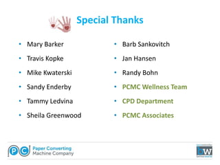 Special Thanks
• Mary Barker
• Travis Kopke
• Mike Kwaterski
• Sandy Enderby
• Tammy Ledvina
• Sheila Greenwood
• Barb Sankovitch
• Jan Hansen
• Randy Bohn
• PCMC Wellness Team
• CPD Department
• PCMC Associates
 