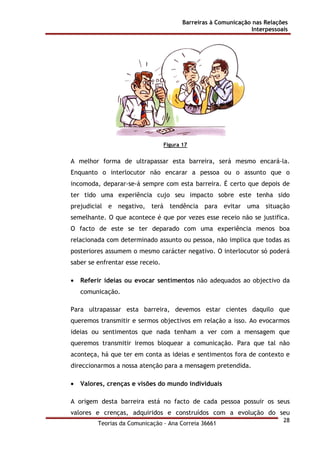 Barreiras à Comunicação nas Relações
Interpessoais
Teorias da Comunicação - Ana Correia 36661
28
Figura 17
A melhor forma de ultrapassar esta barreira, será mesmo encará-la.
Enquanto o interlocutor não encarar a pessoa ou o assunto que o
incomoda, deparar-se-á sempre com esta barreira. É certo que depois de
ter tido uma experiência cujo seu impacto sobre este tenha sido
prejudicial e negativo, terá tendência para evitar uma situação
semelhante. O que acontece é que por vezes esse receio não se justifica.
O facto de este se ter deparado com uma experiência menos boa
relacionada com determinado assunto ou pessoa, não implica que todas as
posteriores assumem o mesmo carácter negativo. O interlocutor só poderá
saber se enfrentar esse receio.
• Referir ideias ou evocar sentimentos não adequados ao objectivo da
comunicação.
Para ultrapassar esta barreira, devemos estar cientes daquilo que
queremos transmitir e sermos objectivos em relação a isso. Ao evocarmos
ideias ou sentimentos que nada tenham a ver com a mensagem que
queremos transmitir iremos bloquear a comunicação. Para que tal não
aconteça, há que ter em conta as ideias e sentimentos fora de contexto e
direccionarmos a nossa atenção para a mensagem pretendida.
• Valores, crenças e visões do mundo individuais
A origem desta barreira está no facto de cada pessoa possuir os seus
valores e crenças, adquiridos e construídos com a evolução do seu
 