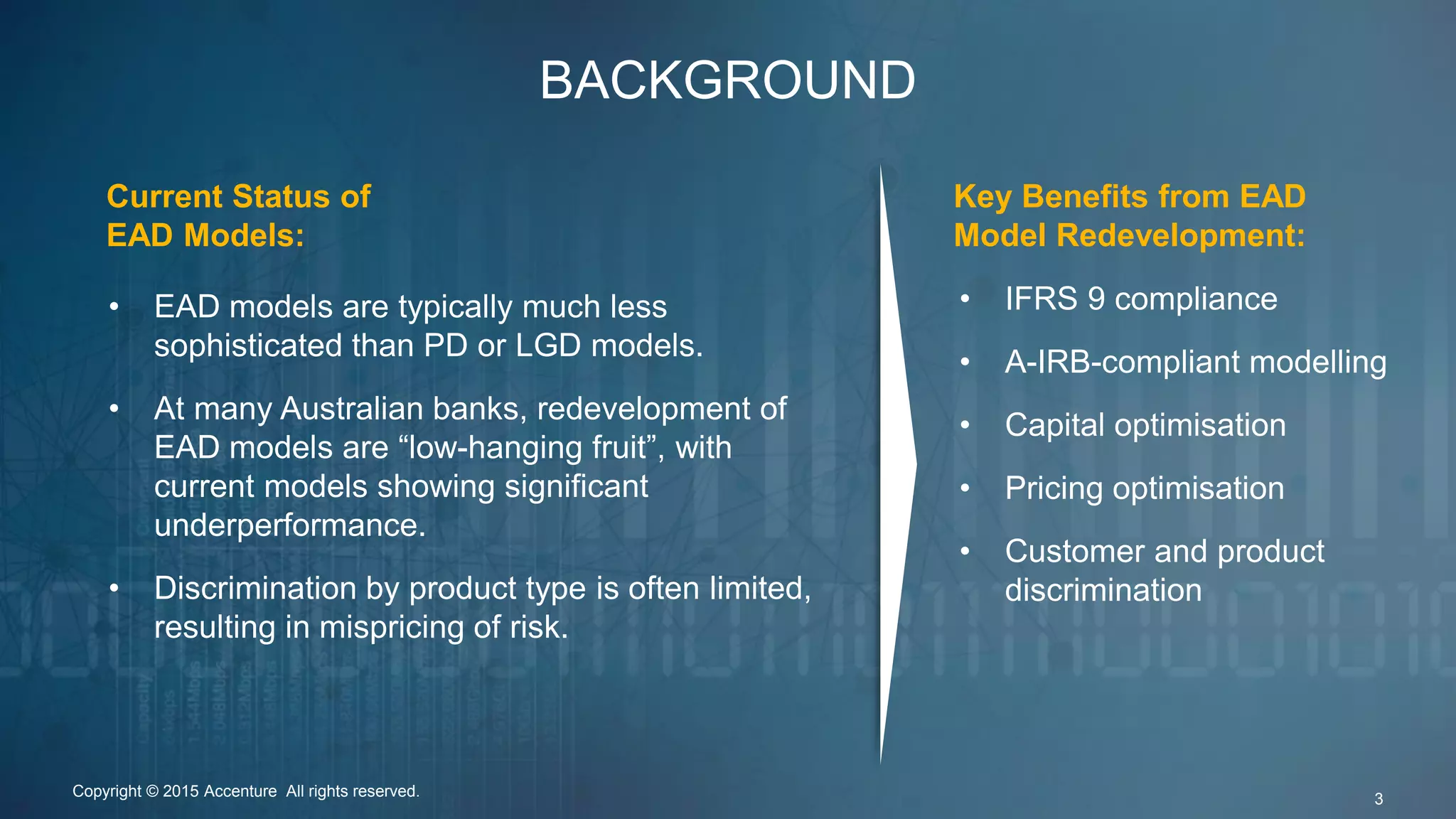 BACKGROUND
Copyright © 2015 Accenture All rights reserved. 3
• EAD models are typically much less
sophisticated than PD or LGD models.
• At many Australian banks, redevelopment of
EAD models are “low-hanging fruit”, with
current models showing significant
underperformance.
• Discrimination by product type is often limited,
resulting in mispricing of risk.
• IFRS 9 compliance
• A-IRB-compliant modelling
• Capital optimisation
• Pricing optimisation
• Customer and product
discrimination
Current Status of
EAD Models:
Key Benefits from EAD
Model Redevelopment:
 