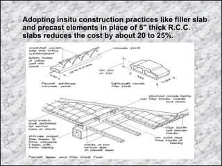 Adopting insitu construction practices like filler slab
and precast elements in place of 5″ thick R.C.C.
slabs reduces the cost by about 20 to 25%.
 