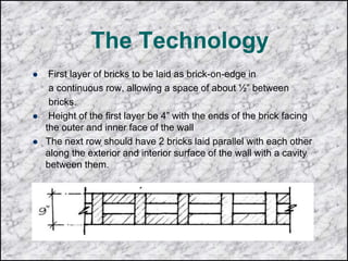 The Technology
 First layer of bricks to be laid as brick-on-edge in
a continuous row, allowing a space of about ½” between
bricks.
 Height of the first layer be 4” with the ends of the brick facing
the outer and inner face of the wall
 The next row should have 2 bricks laid parallel with each other
along the exterior and interior surface of the wall with a cavity
between them.
 