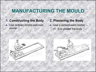 MANUFACTURING THE MOULD
1. Constructing the Body
 Use ordinary bricks and mud
mortar
2. Plastering the Body
 Use a cement sand mortar
(1: 3) to plaster the body
 