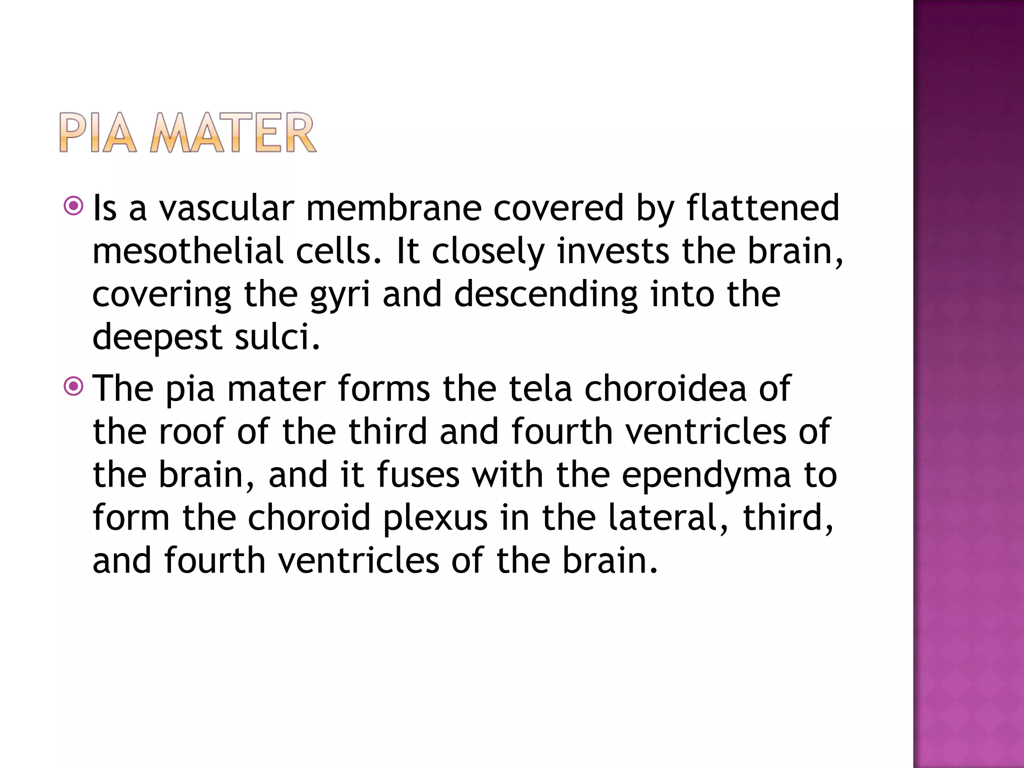 Is a vascular membrane covered by flattened mesothelial cells. It closely invests the brain, covering the gyri and descending into the deepest sulci. The pia mater forms the tela choroidea of the roof of the third and fourth ventricles of the brain, and it fuses with the ependyma to form the choroid plexus in the lateral, third, and fourth ventricles of the brain. 
