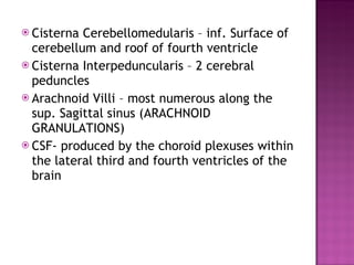 Cisterna Cerebellomedularis – inf. Surface of cerebellum and roof of fourth ventricle Cisterna Interpeduncularis – 2 cerebral peduncles Arachnoid Villi – most numerous along the sup. Sagittal sinus (ARACHNOID GRANULATIONS) CSF- produced by the choroid plexuses within the lateral third and fourth ventricles of the brain 