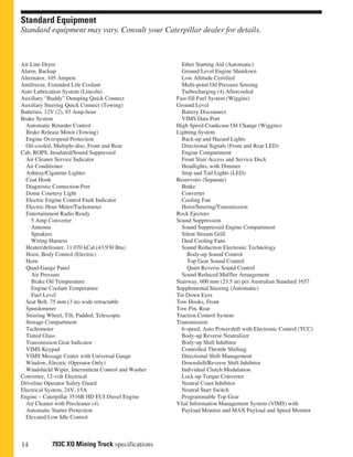 Standard Equipment
Standard equipment may vary. Consult your Caterpillar dealer for details.



Air Line Dryer                                          Ether Starting Aid (Automatic)
Alarm, Backup                                           Ground Level Engine Shutdown
Alternator, 105 Ampere                                  Low Altitude Certified
Antifreeze, Extended Life Coolant                       Multi-point Oil Pressure Sensing
Auto Lubrication System (Lincoln)                       Turbocharging (4) Aftercooled
Auxiliary “Buddy” Dumping Quick Connect               Fast-fill Fuel System (Wiggins)
Auxiliary Steering Quick Connect (Towing)             Ground Level
Batteries, 12V (2), 93 Amp-hour                         Battery Disconnect
Brake System                                            VIMS Data Port
  Automatic Retarder Control                          High Speed Crankcase Oil Change (Wiggins)
  Brake Release Motor (Towing)                        Lighting System
  Engine Overspeed Protection                           Back-up and Hazard Lights
  Oil-cooled, Multiple-disc, Front and Rear             Directional Signals (Front and Rear LED)
Cab, ROPS, Insulated/Sound Suppressed                   Engine Compartment
  Air Cleaner Service Indicator                         Front Stair Access and Service Deck
  Air Conditioner                                       Headlights, with Dimmer
  Ashtray/Cigarette Lighter                             Stop and Tail Lights (LED)
  Coat Hook                                           Reservoirs (Separate)
  Diagnostic Connection Port                            Brake
  Dome Courtesy Light                                   Converter
  Electric Engine Control Fault Indicator               Cooling Fan
  Electric Hour Meter/Tachometer                        Hoist/Steering/Transmission
  Entertainment Radio Ready                           Rock Ejectors
    5 Amp Converter                                   Sound Suppression
    Antenna                                             Sound Suppressed Engine Compartment
    Speakers                                            Silent Stream Grill
    Wiring Harness                                      Dual Cooling Fans
  Heater/defroster, 11 070 kCal (43,930 Btu)            Sound Reduction Electronic Technology
  Hoist, Body Control (Electric)                           Body-up Sound Control
  Horn                                                     Top Gear Sound Control
  Quad-Gauge Panel                                         Quiet Reverse Sound Control
    Air Pressure                                        Sound Reduced Muffler Arrangement
    Brake Oil Temperature                             Stairway, 600 mm (23.5 in) per Australian Standard 1657
    Engine Coolant Temperature                        Supplemental Steering (Automatic)
    Fuel Level                                        Tie Down Eyes
  Seat Belt, 75 mm (3 in) wide retractable            Tow Hooks, Front
  Speedometer                                         Tow Pin, Rear
  Steering Wheel, Tilt, Padded, Telescopic            Traction Control System
  Storage Compartment                                 Transmission
  Tachometer                                            6-speed, Auto Powershift with Electronic Control (TCC)
  Tinted Glass                                          Body-up Reverse Neutralizer
  Transmission Gear Indicator                           Body-up Shift Inhibitor
  VIMS Keypad                                           Controlled Throttle Shifting
  VIMS Message Center with Universal Gauge              Directional Shift Management
  Window, Electric (Operator Only)                      Downshift/Reverse Shift Inhibitor
  Windshield Wiper, Intermittent Control and Washer     Individual Clutch Modulation
Converter, 12-volt Electrical                           Lock-up Torque Converter
Driveline Operator Safety Guard                         Neutral Coast Inhibitor
Electrical System, 24V, 15A                             Neutral Start Switch
Engine – Caterpillar 3516B HD EUI Diesel Engine         Programmable Top Gear
  Air Cleaner with Precleaner (4)                     Vital Information Management System (VIMS) with
  Automatic Starter Protection                          Payload Monitor and MAX Payload and Speed Monitor
  Elevated Low Idle Control



14          793C XQ Mining Truck specifications
 