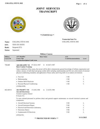 Page of1
11/11/2015
** PROTECTED BY FERPA **
COLLINS, STEVE JOE 4
COLLINS, STEVE JOE
XXX-XX-XXXX
Sergeant (E5)
COLLINS, STEVE JOE
Transcript Sent To:
Name:
SSN:
Rank:
JOINT SERVICES
TRANSCRIPT
**UNOFFICIAL**
Military Courses
SeparatedStatus:
Military
Course ID
ACE Identifier
Course Title
Location-Description-Credit Areas
Dates Taken ACE
Credit Recommendation Level
Basic Combat Training:
Upon completion of the course, the recruit will be able to demonstrate general knowledge of military organization and
culture, mastery of individual and group combat skills including marksmanship and first aid, achievement of minimal
physical conditioning standards, and application of basic safety and living skills in an outdoor environment.
AR-2201-0399 V0750-BT 07-AUG-1987 01-OCT-1987
First Aid
Marksmanship
Outdoor Skills Practicum
Personal Physical Conditioning
L
L
L
L
1 SH
1 SH
1 SH
1 SH
Aircraft Electrician:
AR-1704-0075 V04 15-JAN-1988 21-JUN-1988
To train enlisted personnel to perform direct and general support maintenance on aircraft electrical systems and
components.
602-68F10
Aviation Logistics School
Ft Eustis VA
Aircraft Electrical Systems
Aircraft Instrument Repair
Electrical and Electronics Laboratory
Electronics Basics
Fundamentals Of Electricity
3 SH
3 SH
6 SH
3 SH
3 SH
L
L
L
L
L
(10/00)(10/00)
(4/92)(4/92)
to
to
 