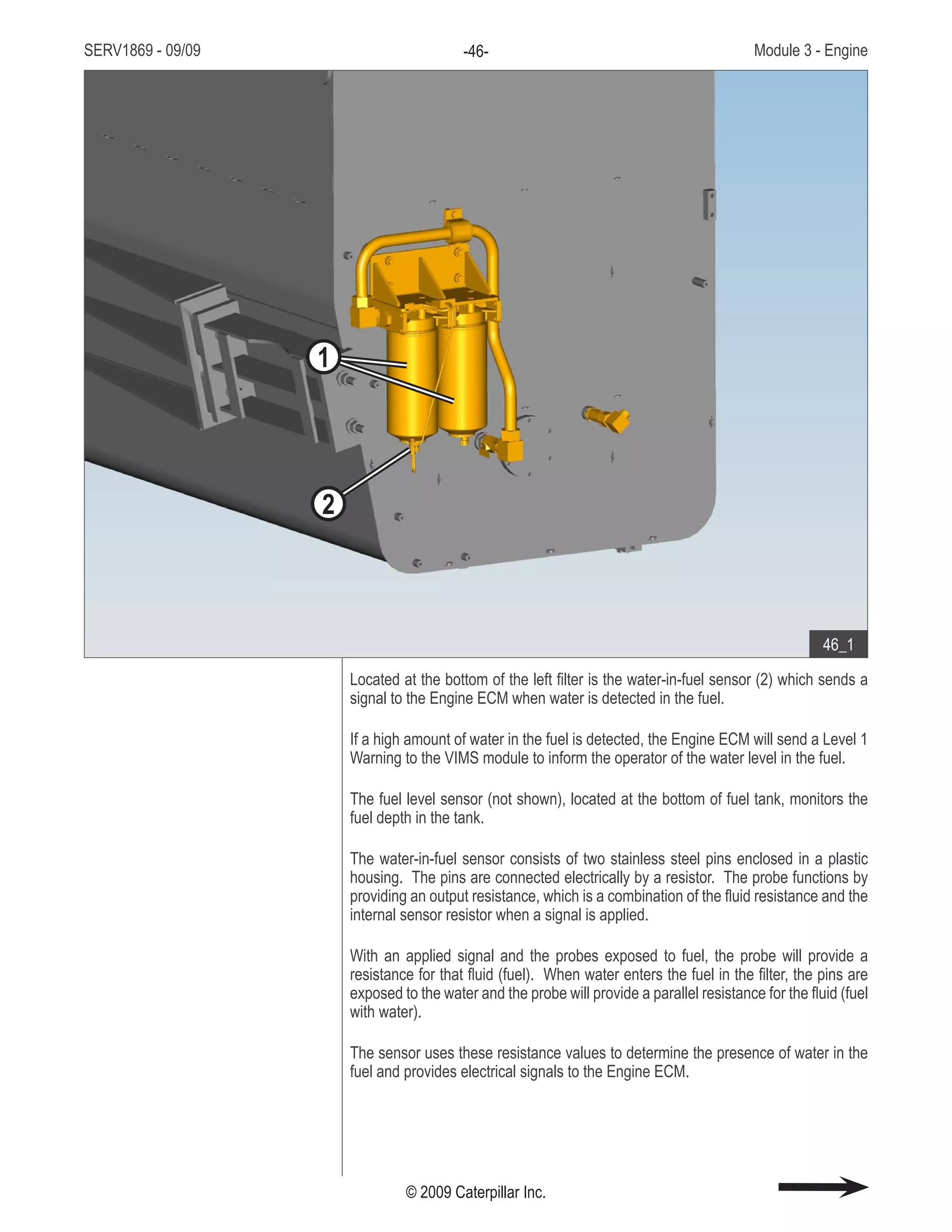 SERV1869 - 09/09 Module 3 - Engine-46-
© 2009 Caterpillar Inc.
The primary fuel filters / water separators (1) are located between the fuel tank and
the fuel transfer pump on the back of the fuel tank.
Located at the bottom of the left filter is the water-in-fuel sensor (2) which sends a
signal to the Engine ECM when water is detected in the fuel.
If a high amount of water in the fuel is detected, the Engine ECM will send a Level 1
Warning to the VIMS module to inform the operator of the water level in the fuel.
The fuel level sensor (not shown), located at the bottom of fuel tank, monitors the
fuel depth in the tank.
The water-in-fuel sensor consists of two stainless steel pins enclosed in a plastic
housing. The pins are connected electrically by a resistor. The probe functions by
providing an output resistance, which is a combination of the fluid resistance and the
internal sensor resistor when a signal is applied.
With an applied signal and the probes exposed to fuel, the probe will provide a
resistance for that fluid (fuel). When water enters the fuel in the filter, the pins are
exposed to the water and the probe will provide a parallel resistance for the fluid (fuel
with water).
The sensor uses these resistance values to determine the presence of water in the
fuel and provides electrical signals to the Engine ECM.
• Back of fuel tank:
Primary fuel filters / water1.	
separators
Water-in-fuel sensor2.	
46_1
1
2
 