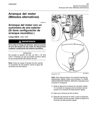 SSBU8406 105
Sección de Operación
Arranque del motor (Métodos alternativos)
Arranque del motor
(Métodos alternativos)
i03693310
Arranque del motor con un
suministro de aire exterior
(Si tiene configuración de
arranque neumático )
Código SMCS: 1000; 7000
Para evitar el riesgo de lesiones, alivie la presión
de aire del tanque de aire antes de desconectar
cualquier componente del sistema neumático.
ATENCION
No exceda la presión de aire de 830 ± 35 kPa
(120 ± 5 lb/pulg2
) ya que se pueden producir daños
en los componentes del sistema de aire.
Nota: Antes de cargar el tanque de aire usando
un suministro de aire externo, drene el agua del
suministro de aire externo.
g01788214
Ilustración 107
Nota: Esta máquina tiene una conexión hembra de
desconexión rápida. Utilice una Conexión 1U-8328
(DESCONEXIÓN RÁPIDA, MACHO) Caterpillar para
conectar la manguera.
1. Quite la tapa de la conexión de conexión rápida
(1). Conecte la manguera del suministro de aire
auxiliar a la conexión de desconexión rápida.
2. Deje que el tanque de aire se llene.
3. Después de arrancar el motor, quite la manguera
del suministro de aire auxiliar. Instale la tapa en la
conexión de desconexión rápida.
 