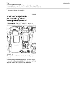172 SSBU8406
Sección de Mantenimiento
Fusibles, disyuntores de circuito y relés - Reemplazar/Rearmar
3. Cierre la válvula de drenaje.
i03693245
Fusibles, disyuntores
de circuito y relés -
Reemplazar/Rearmar
Código SMCS: 1417-510; 1420-510; 1422-510
g01962341
Ilustración 181
Ubicación del panel eléctrico o de los fusibles, los disyuntores
y los relés
El tablero eléctrico para los fusibles, los disyuntores
y los relés está ubicado detrás del asiento, en el lado
derecho trasero de la estación del operador.
 
