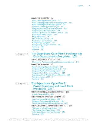 PHYSICAL SYSTEMS 160
Basic Technology Revenue Cycle 161
Basic Technology Sales Order Processing System 161
Basic Technology Cash Receipts System 165
Advanced Technology Revenue Cycle 165
Integrated Sales Order Processing System 165
Integrated Cash Receipts System 168
Revenue Cycle Risks and Internal Controls 170
Point-of-Sale (POS) Systems 177
Daily Procedures 178
End-of-Day Procedures 178
Point-of-Sale Control Issues 179
Reengineering Using EDI 179
Reengineering Using the Internet 180
Summary 180
Appendix 181
Chapter 5 The Expenditure Cycle Part I: Purchases and
Cash Disbursements Procedures 209
THE CONCEPTUAL SYSTEM 210
Overview of Purchases and Cash Disbursements Activities 210
PHYSICAL SYSTEMS 218
Basic Technology Expenditure Cycle 220
Advanced Technology Expenditure Cycle 223
Integrated Purchases Processing System 223
Integrated Cash Disbursements System 227
Expenditure Cycle Risks and Internal Controls 228
Reengineering Using EDI 234
Summary 235
Chapter 6 The Expenditure Cycle Part II:
Payroll Processing and Fixed Asset
Procedures 251
THE CONCEPTUAL PAYROLL SYSTEM 251
Update General Ledger 260
THE PHYSICAL PAYROLL SYSTEM 260
Basic Technology Payroll System 260
Advanced Technology Payroll System 260
Payroll System Risks and Internal Controls 265
THE CONCEPTUAL FIXED ASSET SYSTEM 269
The Logic of a Fixed Asset System 269
The Physical Fixed Asset System 271
Fixed Asset System Risks and Controls 274
Summary 276
Contents ix
Copyright 2016 Cengage Learning. All Rights Reserved. May not be copied, scanned, or duplicated, in whole or in part. Due to electronic rights, some third party content may be suppressed from the eBook and/or eChapter(s).
Editorial review has deemed that any suppressed content does not materially affect the overall learning experience. Cengage Learning reserves the right to remove additional content at any time if subsequent rights restrictions require it.
 
