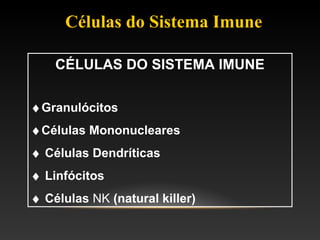 Células do Sistema Imune
CÉLULAS DO SISTEMA IMUNE
♦Granulócitos
♦Células Mononucleares
♦ Células Dendríticas
♦ Linfócitos
♦ Células NK (natural killer)
 