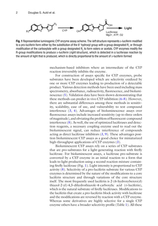 2 Douglas S. Auld et al.
mechanism-based inhibitors where an intermediate of the CYP
reaction irreversibly inhibits the enzyme.
For construction of assays specific for CYP enzymes, probe
substrates have been developed which are selectivity oxidized by
one or more CYP enzymes leading to production of a detectable
product. Various detection methods have been used including mass
spectrometry, absorbance, radioactivity, fluorescence, and biolumi-
nescence (5). Validation data have been shown demonstrating that
these methods can predict in vivo CYP inhibition (6–8). However,
there are substantial differences among these methods in sensitiv-
ity, scalability, ease of use, and vulnerability to test compound
interference (3, 4). Advantages of bioluminescence assays over
fluorescence assays include increased sensitivity (up to three orders
ofmagnitude),andobviatingtheproblemoffluorescent-compound
interference (8). As well, the use of optimized luciferases and detec-
tion reagents, a necessary coupling enzyme used to read out the
bioluminescent signal, can reduce interference of compounds
acting as direct luciferase inhibitors (3, 9). These advantages posi-
tion bioluminescent CYP assays as a good choice for miniaturized
high-throughput applications of CYP enzymes (3).
Bioluminescent CYP assays rely on a series of CYP substrates
that are pro-substrates for a light-generating reaction with firefly
luciferase. For bioluminescent assays, a luciferase pro-substrate is
converted by a CYP enzyme in an initial reaction to a form that
leads to light production using a second reaction mixture contain-
ing firefly luciferase (Fig. 1). Light intensity is proportional to CYP
activity (8). Selectivity of a pro-luciferin substrate for various CYP
enzymes is determined by the nature of the modifications to a core
luciferin structure and through variations of the core structure
itself. The most frequently used luciferin is 2-(6-hydroxybenzo(d)
thiazol-2-yl)-4,5-dihydrothiazole-4-carboxylic acid (D-luciferin),
which is the natural substrate of firefly luciferases. Modifications to
the luciferin that create a pro-luciferin block activity with luciferase
and the modifications are reversed by reaction with a CYP enzyme.
Whereas some derivatives are highly selective for a single CYP
enzyme others have a broader selectivity profile (Table 1). All these
Fig. 1 Representative luminogenic CYP enzyme assay scheme.The left structure represents D-luciferin modified
to a pro-luciferin form either by the substitution of the 6¢ hydroxyl group with a group designated R1
or through
modification of the carboxylate with a group designated R2
to form esters or acetals. CYP enzymes modify the
R-group modifications to produce D-luciferin (right structure), which is detected in a luciferase reaction by
the amount of light that is produced, which is directly proportional to the amount of D-luciferin formed
 