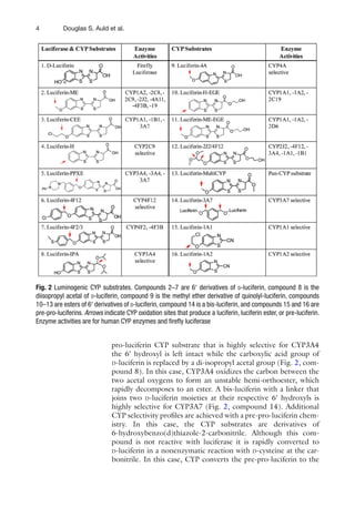 4 Douglas S. Auld et al.
pro-luciferin CYP substrate that is highly selective for CYP3A4
the 6¢ hydroxyl is left intact while the carboxylic acid group of
D-luciferin is replaced by a di-isopropyl acetal group (Fig. 2, com-
pound 8). In this case, CYP3A4 oxidizes the carbon between the
two acetal oxygens to form an unstable hemi-orthoester, which
rapidly decomposes to an ester. A bis-luciferin with a linker that
joins two D-luciferin moieties at their respective 6¢ hydroxyls is
highly selective for CYP3A7 (Fig. 2, compound 14). Additional
CYP selectivity profiles are achieved with a pre-pro-luciferin chem-
istry. In this case, the CYP substrates are derivatives of
6-hydroxybenzo(d)thiazole-2-carbonitrile. Although this com-
pound is not reactive with luciferase it is rapidly converted to
D-luciferin in a nonenzymatic reaction with D-cysteine at the car-
bonitrile. In this case, CYP converts the pre-pro-luciferin to the
Fig. 2 Luminogenic CYP substrates. Compounds 2–7 are 6¢ derivatives of D-luciferin, compound 8 is the
diisopropyl acetal of D-luciferin, compound 9 is the methyl ether derivative of quinolyl-luciferin, compounds
10–13 are esters of 6¢ derivatives of D-luciferin, compound 14 is a bis-luciferin, and compounds 15 and 16 are
pre-pro-luciferins. Arrows indicate CYP oxidation sites that produce a luciferin, luciferin ester, or pre-luciferin.
Enzyme activities are for human CYP enzymes and firefly luciferase
 