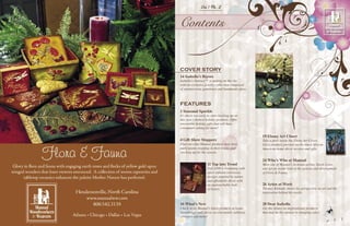 Contents
COVER STORY
FEATURES
14 Isabella’s Bijoux
Isabella’s Journey™ is putting on the ritz
with an exclusive jewelry collection composed
of semiprecious gemstones and handmade glass.
2 Seasonal Sparkle
It’s never too early to start stocking up on
this year’s hottest holiday products. Offer
irresistible holiday gifts that will have
consumers asking for more!
4 Gift Show Stoppers
Find out what Manual products had show
participants stopping in their tracks and
stocking up for the season.
16 What’s New
Check in on Manual’s latest products in home
furnishings, wall décor, accent metals, tabletop
ceramics and more!
11 Tap into Trend
Fall 2008 is brimming with
spice-infused colorways,
designs inspired by nature
and affordable décor with
an approachable look
of luxury.
28 Dear Isabella
Get the skinny on inspirational products
that may be the answer to slumping sales.
24 Who’s Who at Manual
Meet one of Manual’s in-house artists, Sarah Lowe,
and get an inside look at the genesis and development
of Flora & Fauna.
26 Artist at Work
Thomas Kinkade shares his perspective on art and the
inspiration behind his works.
19 Ebony Art Closet
Take a peek inside the Ebony Art Closet.
Get a products preview on the latest African
American home décor accents and gifts
Vol.1 No. 2
1
 