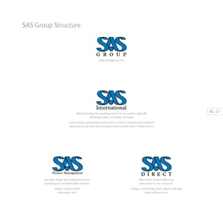 | 2120Manufacturing and supplying interior fit out products globally
delivering quality, innovation and value
metal ceilings | partitioning | doors | room comfort | architectural metalwork
www.sasint.co.uk www.sasint.ae www.sasint.es www.sasint.fr www.sasint.ie
Specialist design-led installation division
providing cost and deliverable certainty
design | supply | install
www.saspm.com
Nationwide division delivering
value direct to the contractor
ceilings | partitioning | doors | glass | drylining
www.sasdirect.co.uk
www.sasintgroup.com
SAS Group Structure
 