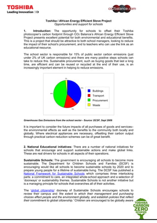 Toshiba / African Energy Efficient Stove Project
Opportunities and support for schools
1. Introduction: The opportunity for schools to offset their Toshiba
photocopier’s carbon footprint through CO2 Balance’s African Energy Efficient Stove
Project presents excellent potential for both environmental and educational benefits.
This is a project that should be attractive to both school managers, looking to reduce
the impact of their school’s procurement, and to teachers who can use the link as an
educational resource.
The school sector is responsible for 15% of public sector carbon emissions (just
under 2% of UK carbon emissions) and there are many positive steps schools can
take to reduce this. Sustainable procurement, such as buying goods that last a long
time, are efficient and can be reused or recycled at the end of their use, is an
increasingly important element in helping to reduce emissions.
Greenhouse Gas Emissions from the school sector - Source: DCSF, Sept 2009
It is important to consider the future impacts of all purchases of goods and services–
the environmental effects as well as the benefits to the community both locally and
globally. Where electrical appliances are necessary, offsetting their carbon output
through practical carbon reduction schemes can be of great benefit.
2. National Educational initiatives: There are a number of national initiatives for
schools that encourage and support sustainable actions and make global links.
These are real drivers for schools in all aspects of their operations.
Sustainable Schools: The government is encouraging all schools to become more
sustainable. The Department for Children Schools and Families (DCSF) is
encouraging would like all schools to become sustainable schools by 2020 and to
prepare young people for a lifetime of sustainable living. The DCSF has published a
National Framework for Sustainable Schools which comprises three interlocking
parts: a commitment to care, an integrated whole-school approach and a selection of
‘doorways’ or sustainability themes. Sustainable Schools is not another initiative but
is a managing principle for schools that overarches all of their activities.
The ‘global citizenship’ doorway of Sustainable Schools encourages schools to
review their campus and ‘the extent to which their management and purchasing
choices affect people and the environment globally, and establish policies that reflect
their commitment to global citizenship.’ Children are encouraged to be globally aware
37%
16%
45%
2%
Buildings
Transport
Procurement
Waste
 