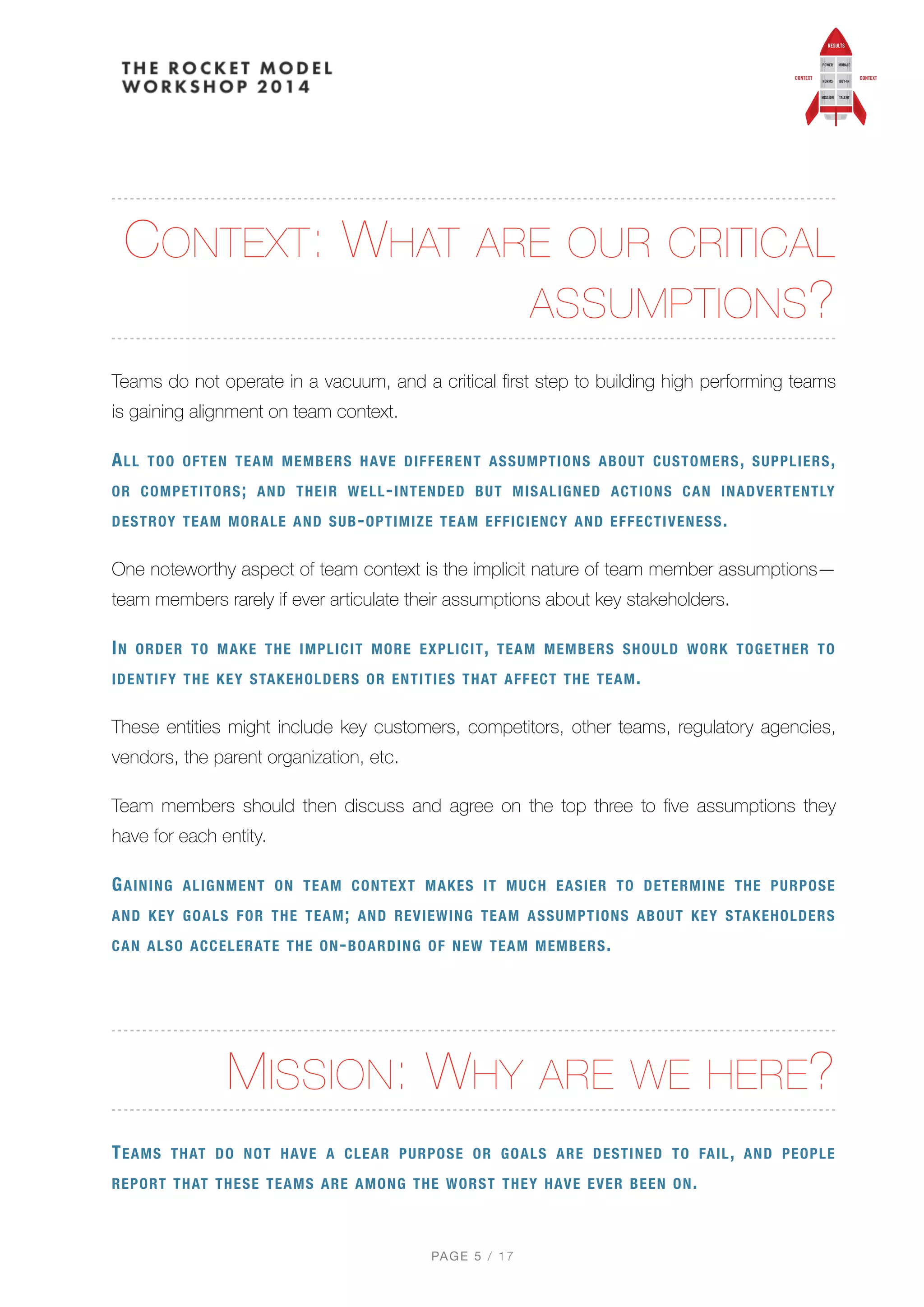 CONTEXT: WHAT ARE OUR CRITICAL
ASSUMPTIONS?
Teams do not operate in a vacuum, and a critical ﬁrst step to building high performing teams
is gaining alignment on team context.
ALL TOO OFTEN TEAM MEMBERS HAVE DIFFERENT ASSUMPTIONS ABOUT CUSTOMERS, SUPPLIERS,
OR COMPETITORS; AND THEIR WELL-INTENDED BUT MISALIGNED ACTIONS CAN INADVERTENTLY
DESTROY TEAM MORALE AND SUB-OPTIMIZE TEAM EFFICIENCY AND EFFECTIVENESS.
One noteworthy aspect of team context is the implicit nature of team member assumptions—
team members rarely if ever articulate their assumptions about key stakeholders.
IN ORDER TO MAKE THE IMPLICIT MORE EXPLICIT, TEAM MEMBERS SHOULD WORK TOGETHER TO
IDENTIFY THE KEY STAKEHOLDERS OR ENTITIES THAT AFFECT THE TEAM.
These entities might include key customers, competitors, other teams, regulatory agencies,
vendors, the parent organization, etc.
Team members should then discuss and agree on the top three to ﬁve assumptions they
have for each entity.
GAINING ALIGNMENT ON TEAM CONTEXT MAKES IT MUCH EASIER TO DETERMINE THE PURPOSE
AND KEY GOALS FOR THE TEAM; AND REVIEWING TEAM ASSUMPTIONS ABOUT KEY STAKEHOLDERS
CAN ALSO ACCELERATE THE ON-BOARDING OF NEW TEAM MEMBERS.
MISSION: WHY ARE WE HERE?
TEAMS THAT DO NOT HAVE A CLEAR PURPOSE OR GOALS ARE DESTINED TO FAIL, AND PEOPLE
REPORT THAT THESE TEAMS ARE AMONG THE WORST THEY HAVE EVER BEEN ON.
PAGE / "5 17
 