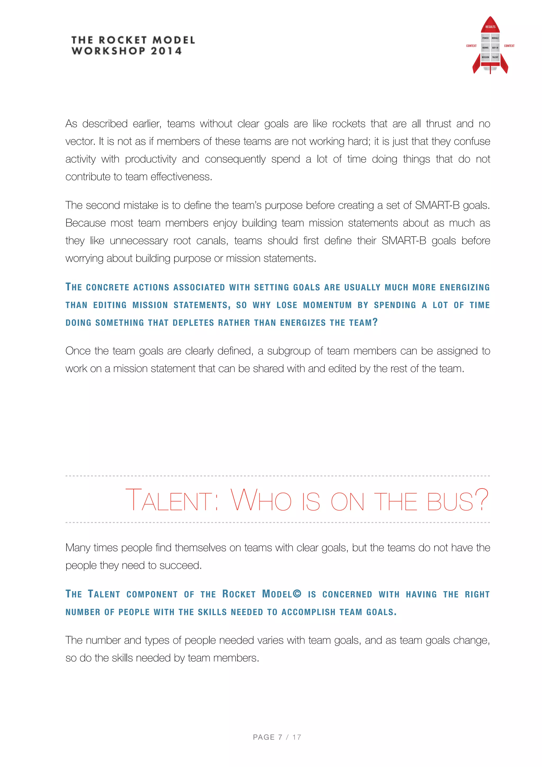 As described earlier, teams without clear goals are like rockets that are all thrust and no
vector. It is not as if members of these teams are not working hard; it is just that they confuse
activity with productivity and consequently spend a lot of time doing things that do not
contribute to team eﬀectiveness.
The second mistake is to deﬁne the team’s purpose before creating a set of SMART-B goals.
Because most team members enjoy building team mission statements about as much as
they like unnecessary root canals, teams should ﬁrst deﬁne their SMART-B goals before
worrying about building purpose or mission statements.
THE CONCRETE ACTIONS ASSOCIATED WITH SETTING GOALS ARE USUALLY MUCH MORE ENERGIZING
THAN EDITING MISSION STATEMENTS, SO WHY LOSE MOMENTUM BY SPENDING A LOT OF TIME
DOING SOMETHING THAT DEPLETES RATHER THAN ENERGIZES THE TEAM?
Once the team goals are clearly deﬁned, a subgroup of team members can be assigned to
work on a mission statement that can be shared with and edited by the rest of the team.
TALENT: WHO IS ON THE BUS?
Many times people ﬁnd themselves on teams with clear goals, but the teams do not have the
people they need to succeed.
THE TALENT COMPONENT OF THE ROCKET MODEL© IS CONCERNED WITH HAVING THE RIGHT
NUMBER OF PEOPLE WITH THE SKILLS NEEDED TO ACCOMPLISH TEAM GOALS.
The number and types of people needed varies with team goals, and as team goals change,
so do the skills needed by team members.
PAGE / "7 17
 