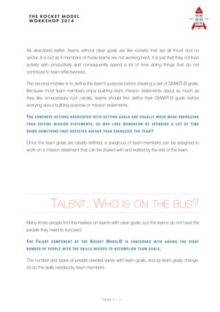 As described earlier, teams without clear goals are like rockets that are all thrust and no
vector. It is not as if members of these teams are not working hard; it is just that they confuse
activity with productivity and consequently spend a lot of time doing things that do not
contribute to team eﬀectiveness.
The second mistake is to deﬁne the team’s purpose before creating a set of SMART-B goals.
Because most team members enjoy building team mission statements about as much as
they like unnecessary root canals, teams should ﬁrst deﬁne their SMART-B goals before
worrying about building purpose or mission statements.
THE CONCRETE ACTIONS ASSOCIATED WITH SETTING GOALS ARE USUALLY MUCH MORE ENERGIZING
THAN EDITING MISSION STATEMENTS, SO WHY LOSE MOMENTUM BY SPENDING A LOT OF TIME
DOING SOMETHING THAT DEPLETES RATHER THAN ENERGIZES THE TEAM?
Once the team goals are clearly deﬁned, a subgroup of team members can be assigned to
work on a mission statement that can be shared with and edited by the rest of the team.
TALENT: WHO IS ON THE BUS?
Many times people ﬁnd themselves on teams with clear goals, but the teams do not have the
people they need to succeed.
THE TALENT COMPONENT OF THE ROCKET MODEL© IS CONCERNED WITH HAVING THE RIGHT
NUMBER OF PEOPLE WITH THE SKILLS NEEDED TO ACCOMPLISH TEAM GOALS.
The number and types of people needed varies with team goals, and as team goals change,
so do the skills needed by team members.
PAGE / "7 17
 
