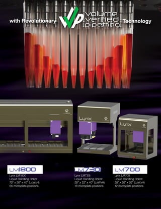 with Revolutionary Technology
Lynx LM1800
Liquid Handling Robot
75” x 36” x 40” (LxWxH)
66 microplate positions
Lynx LM730i
Liquid Handling Robot
28” x 32” x 40” (LxWxH)
18 microplate positions
Lynx LM700
Liquid Handling Robot
28” x 26” x 26” (LxWxH)
12 microplate positions
 