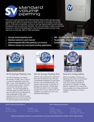 The Lynx’s high precision 96 & 384 Standard Volume (SV) syringe based
pipetting tools allow the precise and rapid transfer of samples across 96,
384 or 1536 well microplates. Using our syringe based pipetting technology,
developed over the past two decades, the Lynx provides a highly economical
resource in which to facilitate same volume liquid transfers across rows,
columns or entire 96, 384 or 1536 well plates.
96 SV Syringe Pipetting Tool
Our 96 SV Pipetting Tool allows
the transfer of wells, rows, columns
or entire 96 well plates across 96,
384 or even 1536 well plates. In this
SV syringe based design, identical
volumes are transferred in every
channel. The dual disposable tip
mandrel design provides options for
low and high volume configurations.
With replaceable CORE insert
pipetting blocks, the 96 SV syringe
pipetting tool is the most economical
for high throughput liquid handling.
384 SV Syringe Pipetting Tool
With the high loading force required to
load 384 simultaneous tips, the Lynx
is specifically engineered to load these
tips from any worktable position. No
specific loading areas or specialty tip
loading tools required. Simply place
the 384 tip box(es) in any microplate
position and run your method with the
versatility you expect from your Lynx
LM Series Workstation.
Dual Arm Configurations
With the capability of having two
pipetting arms with any combination
of available 96 or 384 pipetting
tools, the increased throughput
and efficiency possible in a single
platform makes the Lynx one of the
most versatile and configurable liquid
handling workstations in today’s
market.
√√ Syringe based pipetting tools
√√ Identical volume in each channel
√√ Interchangeable 96 & 384 pipetting core inserts
√√ Efficient solution for most liquid handling applications
√√ SM – Solid Mandrel tip loading technology
√√ Tip pickup for single well, row or column
√√ Custom pipetting core inserts available
Precision:
1 to 5 uL< 4% CV
6 to 50 uL < 3% CV
51 to 1250 uL< 2% CV
Accuracy:
1 to 5 uL< 5% CV
6 to 50 uL< 3% CV
51 to 1250 uL < 2% CV
Precision:
1 to 5 uL< 4% CV
6 to 70 uL< 3% CV
Accuracy:
1 to 5 uL< 5% CV
6 to 70 uL < 4% CV
384 SV Pipetting Specifications 96 SV Pipetting Specifications
Pipetting specifications based on using optimized tip size and surface dispensing for smaller volume range transfers.
 