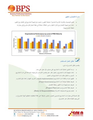 BUSINESS PROFESSIONAL SOLUTIONS [BPS]
56EL Tahrir St, Sheraton Heliopolis, Cairo, Egypt
 Telephone: +202 22697800 Mobile: 01025522863
 Email:info@bpseg.com  Web site: WWW.BPSEG.COM
‫التغيير‬ ‫و‬ ‫االتصال‬ ‫إدارة‬
‫المناسبة‬ ‫اإلدارية‬ ‫باألدوات‬ ‫التوصيات‬ ‫تقديم‬.‫التغيير‬ ‫مع‬ ‫التعامل‬ ‫في‬ ‫المشاريع‬ ‫إستراتيجية‬ ‫تحديد‬ ‫و‬ ‫التغيير‬ ‫لمتابعة‬
‫مبادرات‬ ‫في‬ ‫مشروع‬ ‫لكل‬ ‫اتصال‬ ‫خطة‬ ‫إلى‬ ‫إضافة‬ ،‫العالقة‬ ‫ذوي‬ ‫و‬ ‫العليا‬ ‫اإلدارة‬ ‫مع‬ ‫االتصال‬ ‫إستراتيجية‬ ‫إعداد‬
.‫اإلستراتيجية‬ ‫الخطة‬
‫نطاق‬‫العمل‬‫المستخدم‬
‫يتضمن‬‫ما‬ ‫المشروع‬ ‫نطاق‬‫يلي‬:
‫دراسة‬‫الطرق‬‫إلدارة‬ ‫الحالية‬‫المشاريع‬.‫حده‬ ‫على‬ ‫عميل‬ ‫كل‬ ‫مستوى‬ ‫على‬
‫إطار‬ ‫اختيار‬ ‫و‬ ‫المشاريع‬ ‫إلدارة‬ ‫منهجية‬ ‫إعداد‬‫البرمجيات‬ ‫و‬ ‫األدوات‬ ‫يتضمن‬ ‫عمل‬‫المشاريع‬ ‫إدارة‬ ‫في‬ ‫المساعدة‬.
‫تأسيس‬‫تشغيل‬ ‫و‬‫مكتب‬‫إدارة‬‫المشاريع‬‫العميل‬ ‫لدى‬.
‫المشاريع‬ ‫إدارة‬ ‫وأنظمة‬ ‫أدوات‬ ‫تطبيق‬(tools implementation).‫المتدرب‬ ‫دليل‬ ‫إعداد‬ ‫و‬ ‫عليها‬ ‫التدريب‬ ‫و‬
‫حوكمة‬ ‫هيكلية‬ ‫تعريف‬‫إدارة‬( ‫المشاريع‬Project Governance).
‫االتصال‬ ‫وخطة‬ ‫التغيير‬ ‫إدارة‬ ‫إستراتيجية‬ ‫تعريف‬.
‫بمراحلها‬ ‫المشروع‬ ‫خطة‬ ‫تعريف‬(Project Plan).
‫تحديد‬‫االدارية‬ ‫المسئوليات‬ ‫وتوزيع‬(Roles & Responsibilities ).
‫نقل‬‫تحتوي‬ ‫و‬ ‫العميل‬ ‫لمنسوبي‬ ‫المشاريع‬ ‫إدارة‬ ‫مجال‬ ‫في‬ ‫المعرفة‬‫الوثيقة‬‫على‬‫كافة‬‫المتطلبات‬‫المطلوبة‬‫لهذا‬‫و‬ ،‫المشروع‬
.‫المشروع‬ ‫عمر‬ ‫خالل‬ ‫تنفيذها‬ ‫يجب‬ ‫التي‬
 