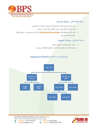 BUSINESS PROFESSIONAL SOLUTIONS [BPS]
56EL Tahrir St, Sheraton Heliopolis, Cairo, Egypt
 Telephone: +202 22697800 Mobile: 01025522863
 Email:info@bpseg.com  Web site: WWW.BPSEG.COM
‫التشغيل‬ ‫مرحلة‬‫الفعلى‬Go-Live Phase
‫المستخدمين‬ ‫إختبارات‬ ‫و‬ ‫التدريب‬ ‫فى‬ ‫المستخدمة‬ ‫البيانات‬ ‫بمسح‬ ‫الشركة‬ ‫تقوم‬
‫نظام‬ ‫لكل‬ ‫اإلفتتاحى‬ ‫الرصيد‬ ‫بيانات‬ ‫بتحميل‬ ‫الشركة‬ ‫تقوم‬–‫وجدت‬ ‫إن‬-
‫بمتابعة‬ ‫الشركة‬ ‫تقوم‬‫نظام‬SOLO BUSINESS SOLUTIONS‫عيوب‬ ‫أى‬ ‫وجود‬ ‫عدم‬ ‫من‬ ‫التأكد‬ ‫و‬‫بالنظام‬
‫المستخدمين‬ ‫اخطاء‬ ‫نتيجة‬
‫مرحلة‬‫الدعم‬‫الفنى‬Support Phase
‫الدعم‬‫الفنى‬‫خالل‬‫فترات‬‫التشغيل‬‫األولية‬
‫المختلفة‬ ‫التشغيل‬ ‫فترات‬ ‫اثناء‬ ‫المستخدمين‬ ‫اخطاء‬ ‫معالجة‬-‫وجدت‬ ‫ان‬-
‫المشروع‬ ‫ادارة‬ ‫لفريق‬ ‫نموذج‬Engagement Model
‫العليا‬ ‫االدارة‬
‫مشروعات‬ ‫مدير‬
‫بى‬.‫بى‬.‫اس‬
‫استشارى‬
‫تطبيقات‬
‫استشارى‬
‫تطبيقات‬
‫مشروعات‬ ‫مدير‬
‫العميل‬
‫رئيسى‬ ‫مستخدم‬
‫نهائى‬ ‫مستخدم‬ ‫نهائى‬ ‫مستخدم‬
‫رئيسى‬ ‫مستخدم‬
 