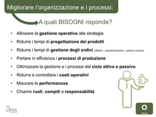 Migliorare l’organizzazione e i processi:
A quali BISOGNI risponde?
• Allineare la gestione operativa alla strategia
• Ridurre i tempi di progettazione dei prodotti
• Ridurre i tempi di gestione degli ordini (offerta – preventivazione – presa in carico)
• Portare in efficienza i processi di produzione
• Ottimizzare la gestione e i processi del ciclo attivo e passivo
• Ridurre e controllare i costi operativi
• Misurare le performances
• Chiarire ruoli, compiti e responsabilità
ANALISI
 