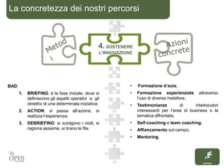 ACTION
La concretezza dei nostri percorsi
4. SOSTENERE
L’INNOVAZIONE
• Formazione dʼaula;
• Formazione esperienziale attraverso
lʼuso di diverse metafore;
• Testimonianze di interlocutori
interessanti per lʼarea di business o la
tematica affrontata;
• Self-coaching e team coaching;
• Afﬁancamento sul campo;
• Mentoring.
BAD:
1. BRIEFING: è la fase iniziale, dove si
deﬁniscono gli aspetti operativi e gli
obiettivi di una determinata iniziativa;
2. ACTION: si passa all’azione, si
realizza l’esperienza;
3. DEBRIEFING: si sciolgono i nodi, si
ragiona assieme, si tirano le ﬁla.
 