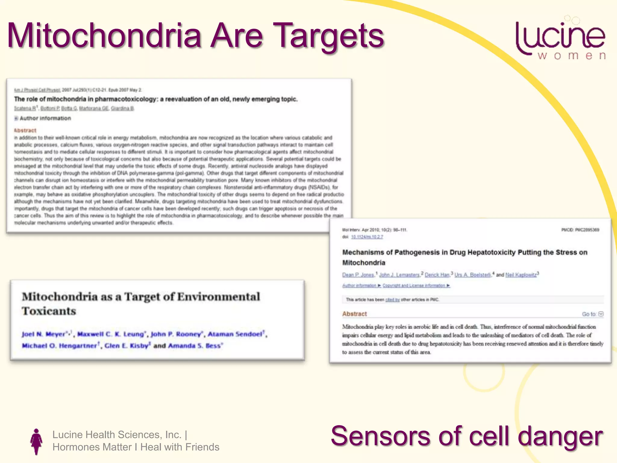 Lucine Health Sciences, Inc. |
Hormones Matter I Heal with Friends
Mitochondria Are Targets
Sensors of cell danger
 