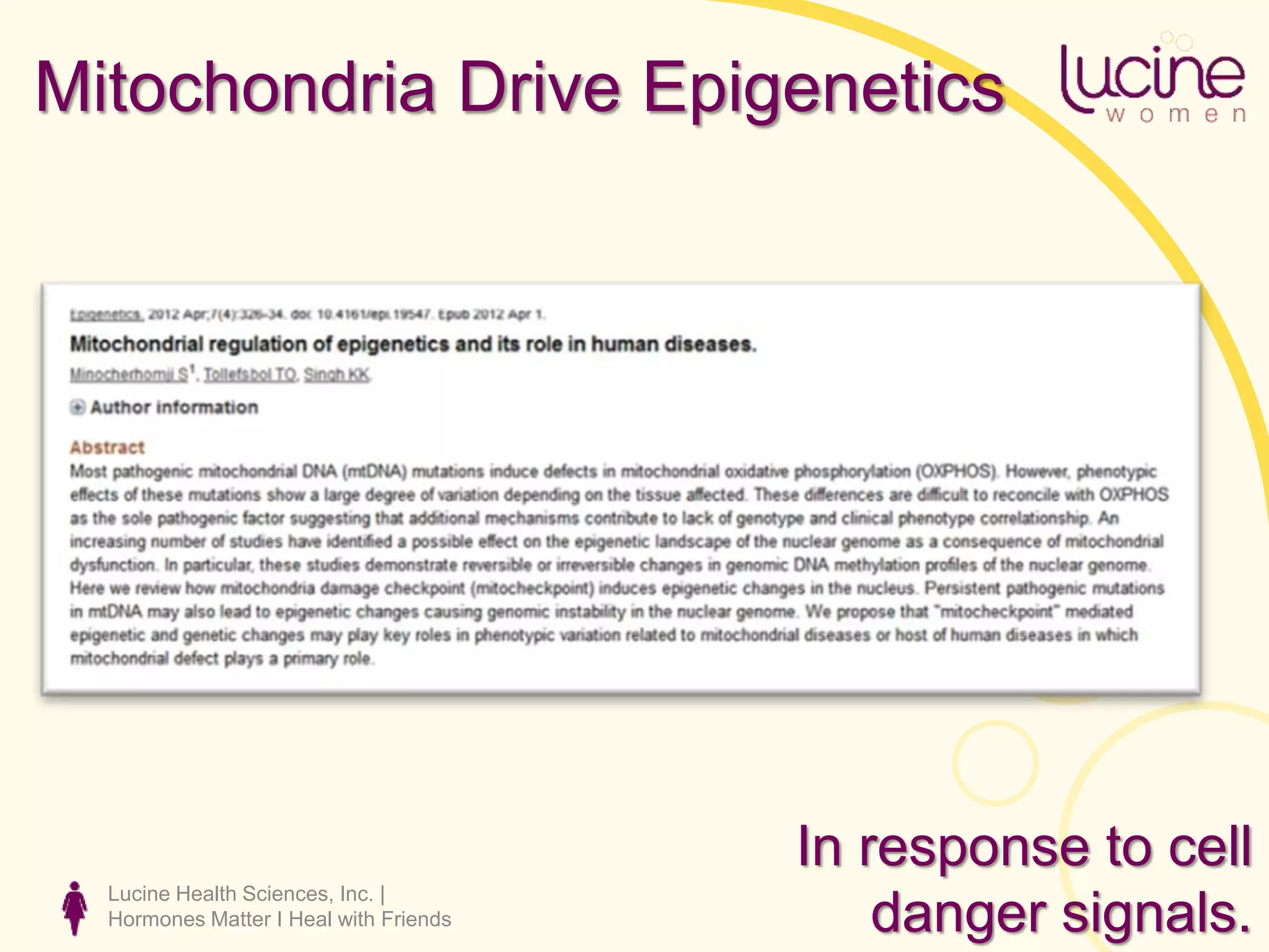 Lucine Health Sciences, Inc. |
Hormones Matter I Heal with Friends
Mitochondria Drive Epigenetics
In response to cell
danger signals.
 