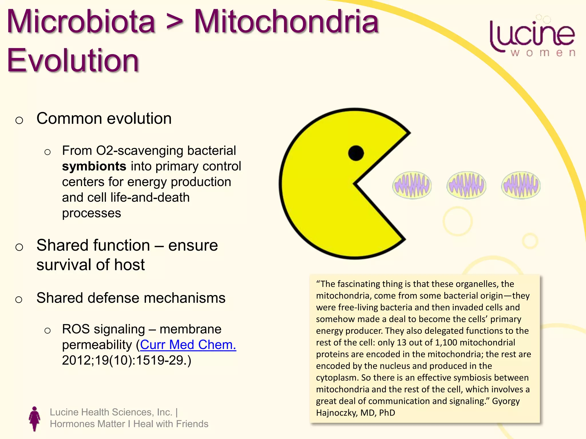 Lucine Health Sciences, Inc. |
Hormones Matter I Heal with Friends
Microbiota > Mitochondria
Evolution
o Common evolution
o From O2-scavenging bacterial
symbionts into primary control
centers for energy production
and cell life-and-death
processes
o Shared function – ensure
survival of host
o Shared defense mechanisms
o ROS signaling – membrane
permeability (Curr Med Chem.
2012;19(10):1519-29.)
“The fascinating thing is that these organelles, the
mitochondria, come from some bacterial origin—they
were free-living bacteria and then invaded cells and
somehow made a deal to become the cells’ primary
energy producer. They also delegated functions to the
rest of the cell: only 13 out of 1,100 mitochondrial
proteins are encoded in the mitochondria; the rest are
encoded by the nucleus and produced in the
cytoplasm. So there is an effective symbiosis between
mitochondria and the rest of the cell, which involves a
great deal of communication and signaling.” Gyorgy
Hajnoczky, MD, PhD
 