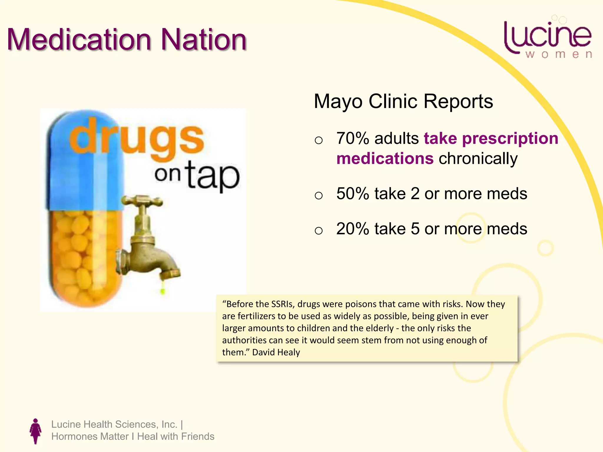 Lucine Health Sciences, Inc. |
Hormones Matter I Heal with Friends
Medication Nation
Mayo Clinic Reports
o 70% adults take prescription
medications chronically
o 50% take 2 or more meds
o 20% take 5 or more meds
“Before the SSRIs, drugs were poisons that came with risks. Now they
are fertilizers to be used as widely as possible, being given in ever
larger amounts to children and the elderly - the only risks the
authorities can see it would seem stem from not using enough of
them.” David Healy
 